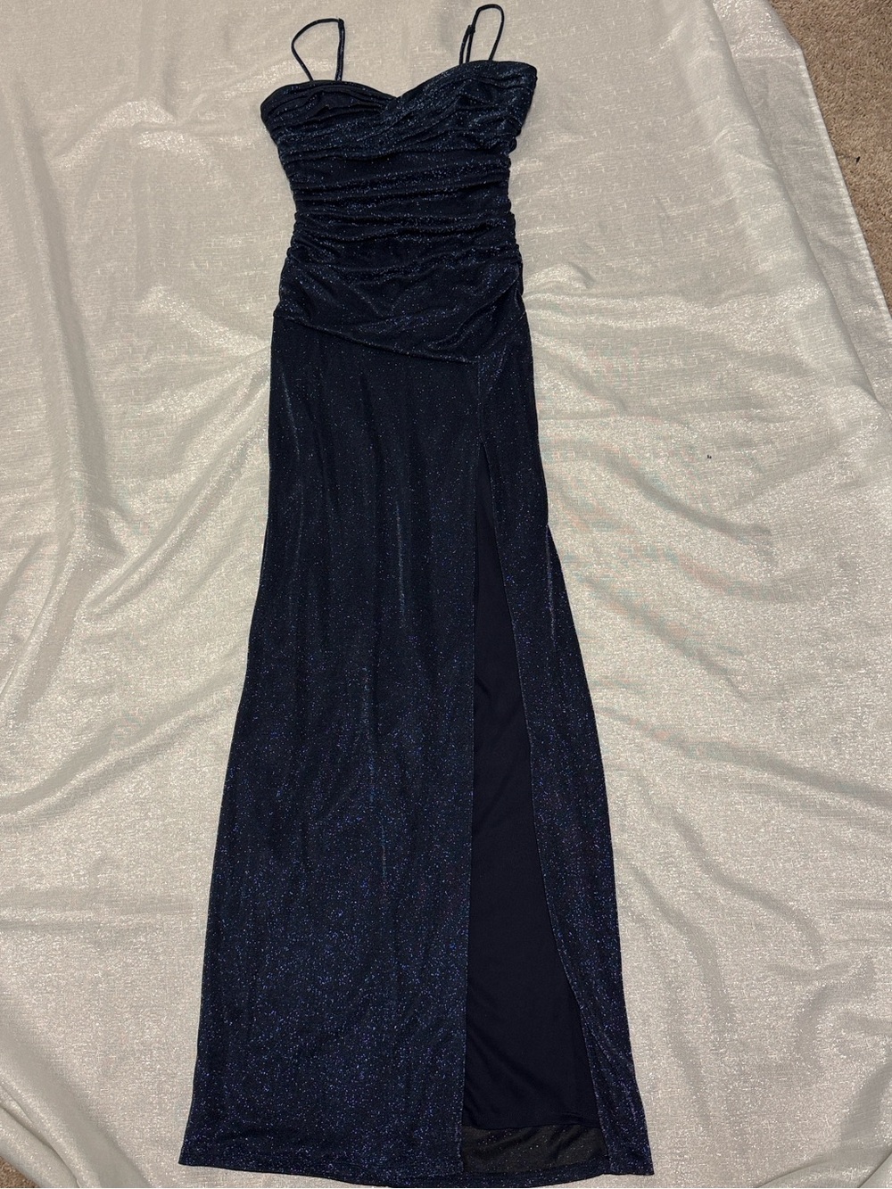City Triangles Navy Sparkle Ruched Maxi Dress with Side Slit